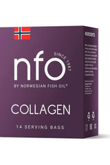 NFO Collagen product box with 14 sachets for improved skin, hair, nails, and joint health.