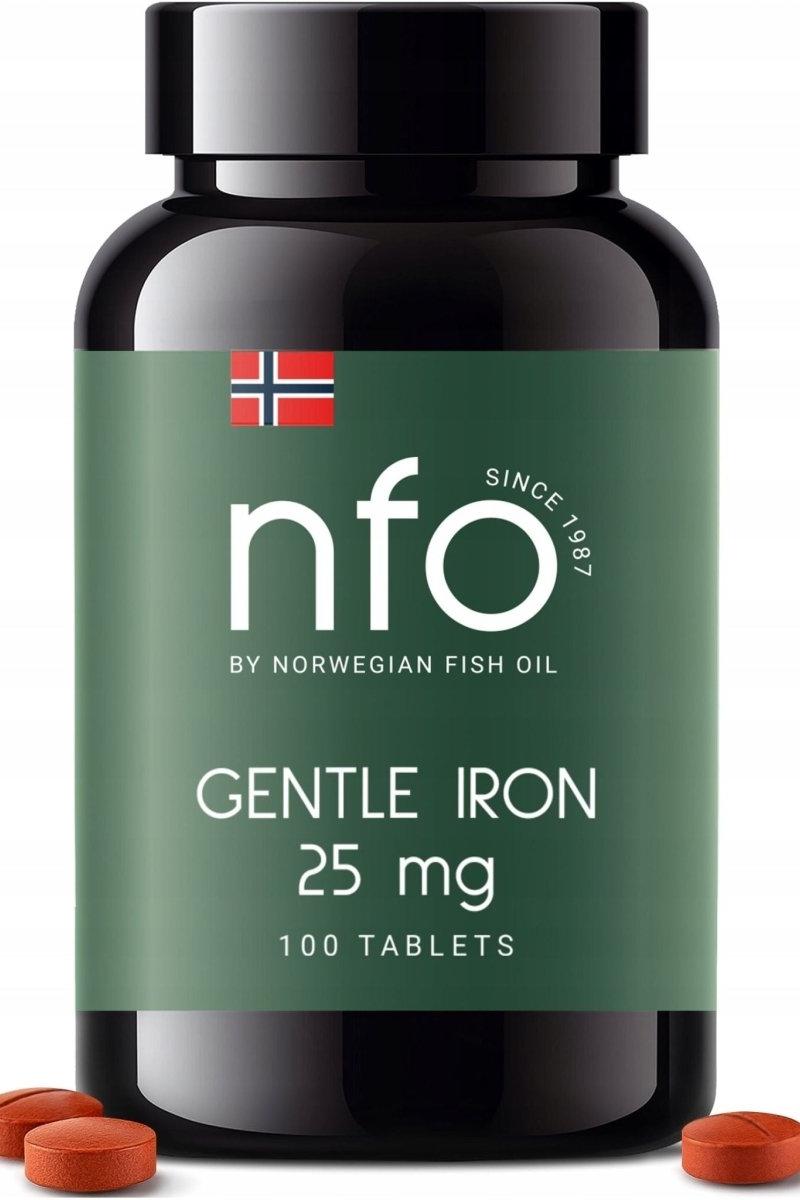 NFO Gentle Iron supplement bottle with 100 tablets, supporting iron levels and reducing anemia symptoms.