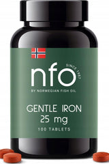 NFO Gentle Iron supplement bottle with 100 tablets, supporting iron levels and reducing anemia symptoms.