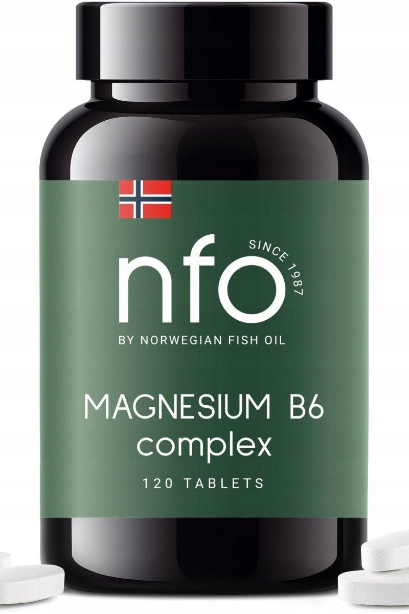 NFO Magnesium B6 complex bottle with 120 tablets, promoting nerve regulation and psychological health.