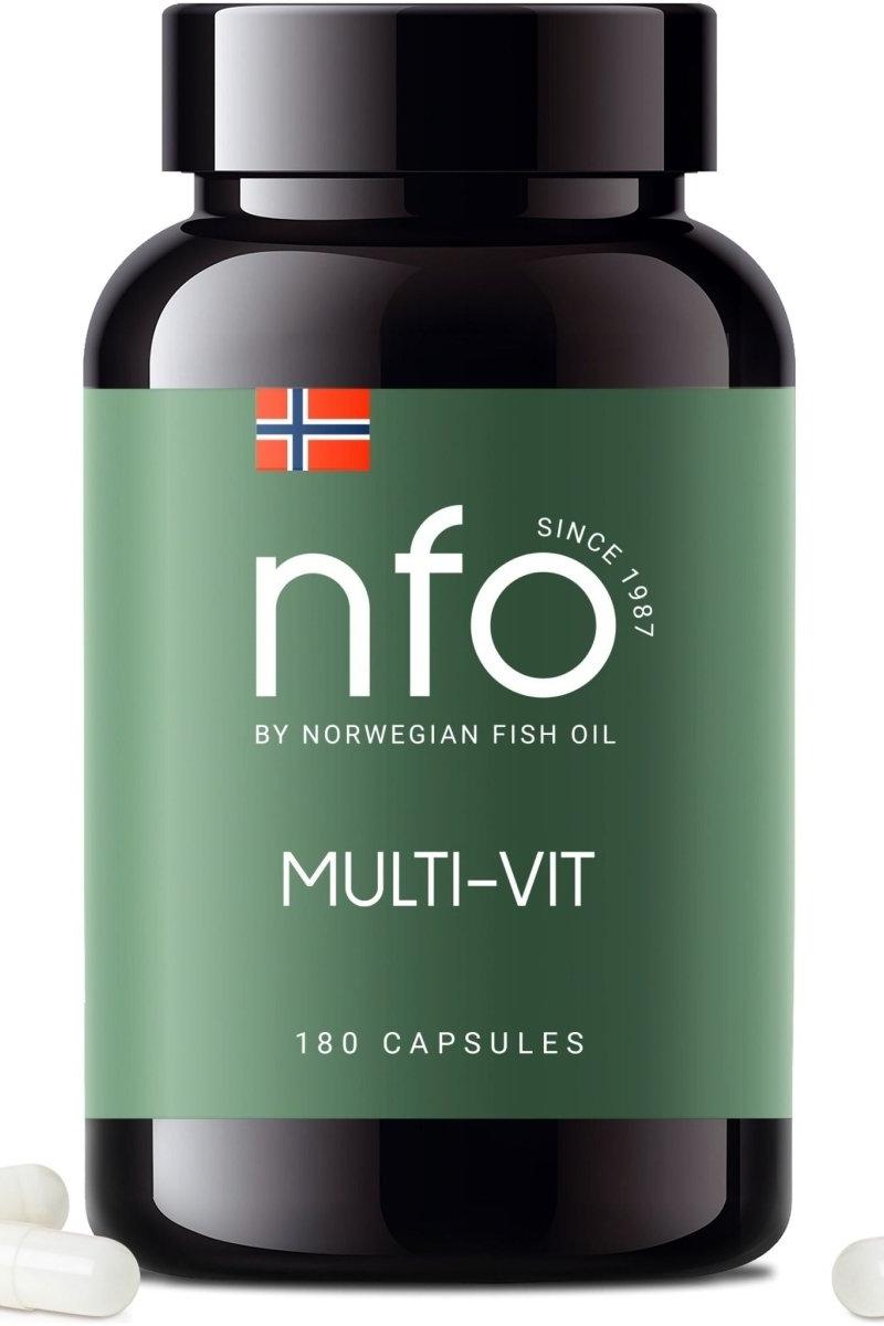 NFO Multi-Vit supplement bottle with 180 capsules, designed to boost energy and overall health.