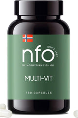 NFO Multi-Vit supplement bottle with 180 capsules, designed to boost energy and overall health.
