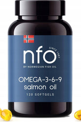 NFO Omega-3-6-9 Salmon Oil bottle with 120 softgels and Norwegian flag design.