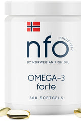 NFO Omega-3 Forte product jar with 360 softgels for improved cognitive function and health benefits.