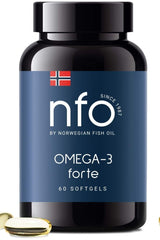 NFO Omega-3 Forte supplement bottle with 60 softgels, promoting cognitive health and immunity.