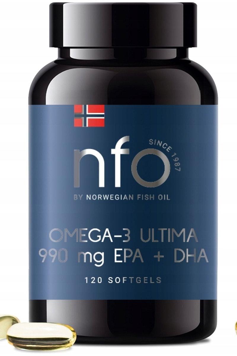NFO Omega-3 Ultima 990 mg EPA + DHA supplement bottle with 120 softgels.