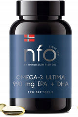 NFO Omega-3 Ultima 990 mg EPA + DHA supplement bottle with 120 softgels.