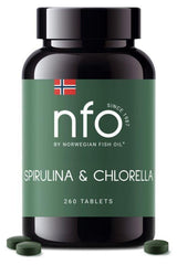 NFO Spirulina & Chlorella 260 tablets in a green bottle promoting health benefits and immune support