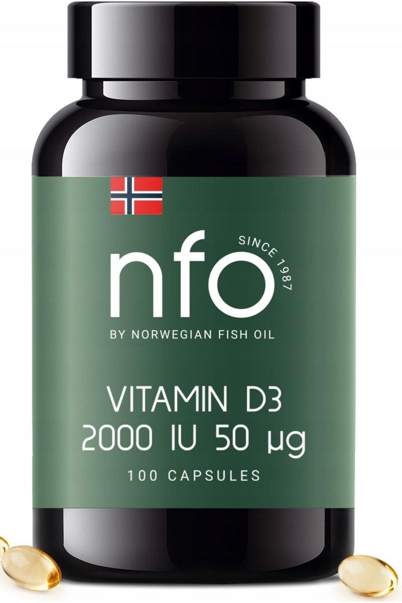NFO Vitamin D3 2000 IU supplement bottle with 100 capsules, essential for vitamin D deficiency.
