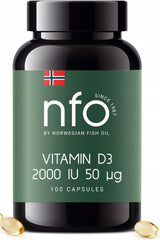 NFO Vitamin D3 2000 IU supplement bottle with 100 capsules, essential for vitamin D deficiency.