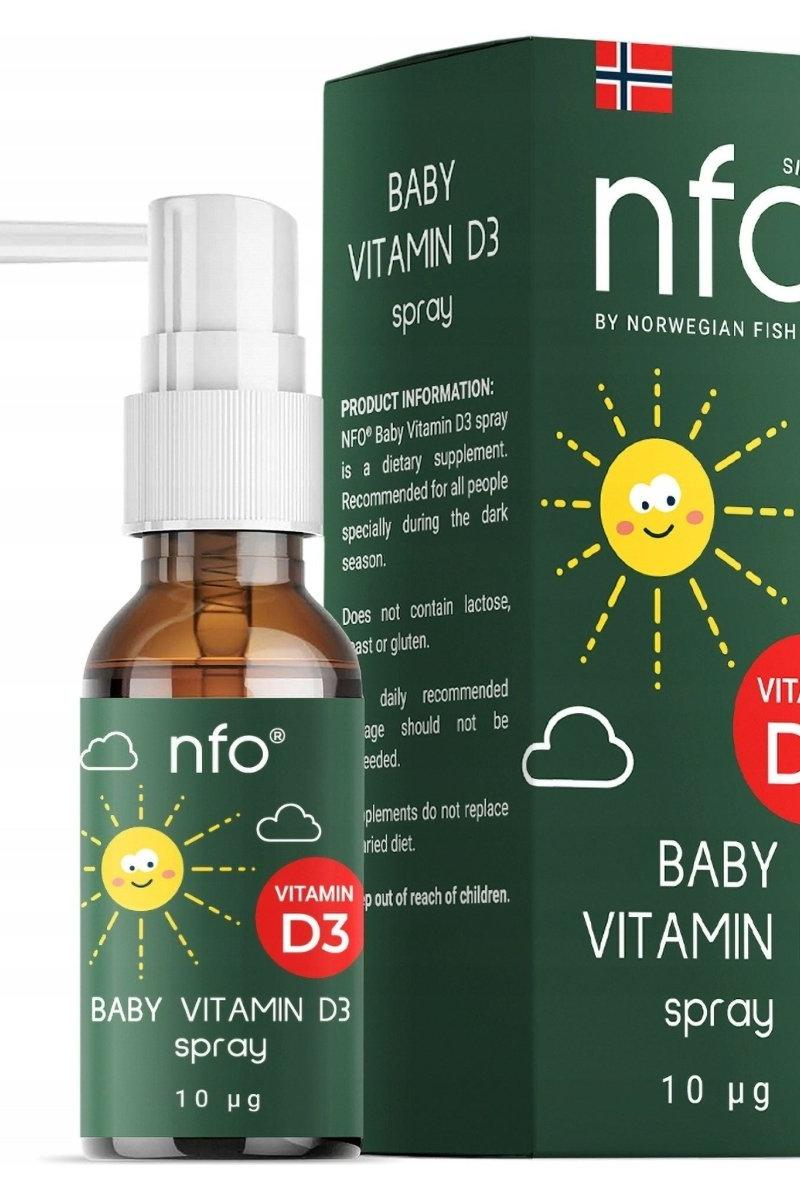 NFO Vitamin D3 Baby Spray 20 ml with sunshine graphic, supports calcium absorption and immune health.