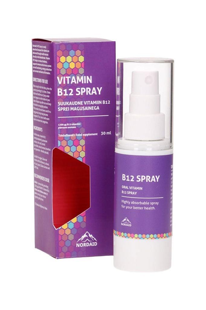 Nordaid B12 Spray 30 ml for central nervous system support and healthy red blood cell formation.