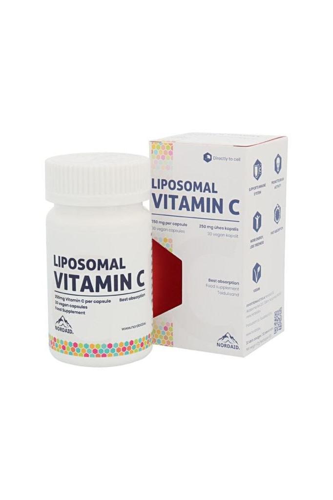 Bottle of Nordaid Liposomal Vitamin C 250 mg with packaging, promoting enhanced absorption and immune support.