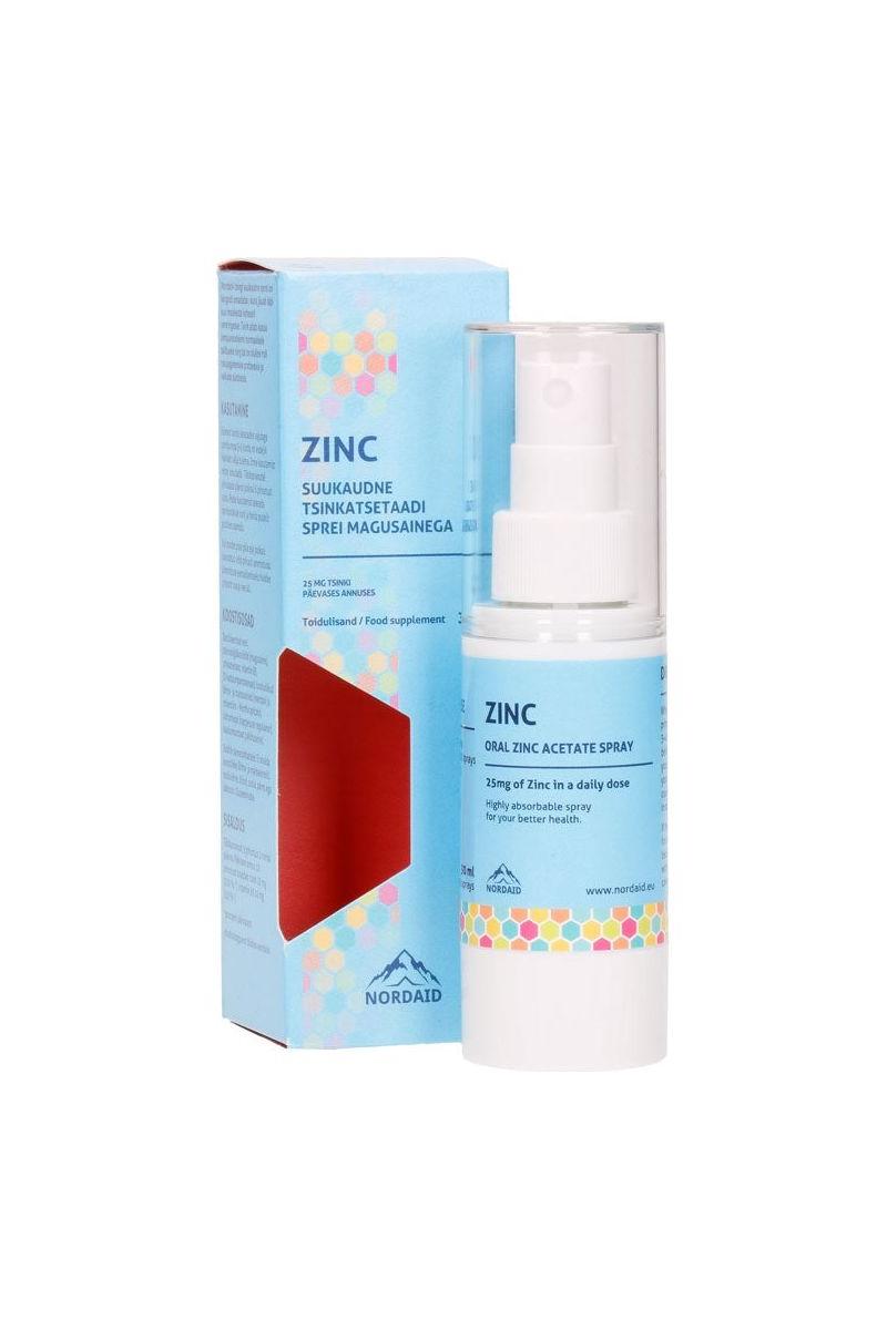 Nordaid Zinc Spray (30 ml) in packaging, designed to support immunity and promote wound healing.