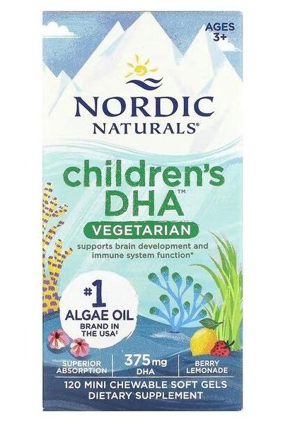 Nordic Naturals Children's DHA Vegetarian 375mg, supports brain development and immune function, algae oil supplement packaging.