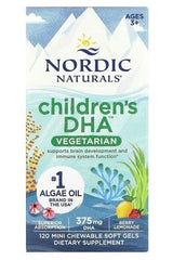 Nordic Naturals Children's DHA Vegetarian 375mg, supports brain development and immune function, algae oil supplement packaging.