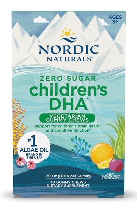 Nordic Naturals Children's DHA vegetarian gummy chews, 250 mg DHA per gummy, supports brain health for ages 3 and up.