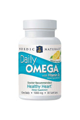 Nordic Naturals Daily Omega with Vitamin D3 softgels for heart health, natural fruit flavor, 30 count bottle.