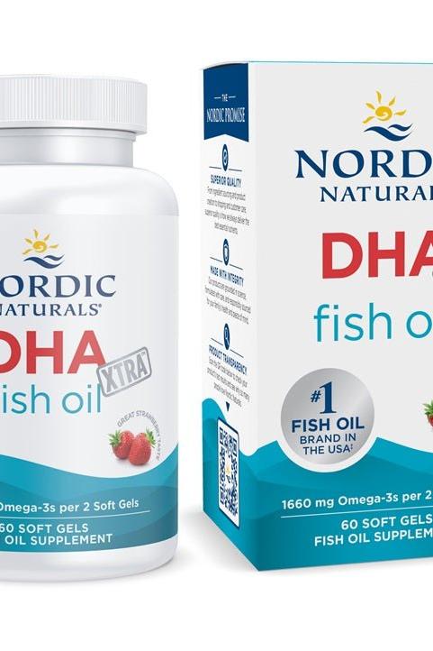 Nordic Naturals DHA Xtra fish oil bottle, supports cognitive function and healthy mood, Non-GMO, contains omega-3 DHA.