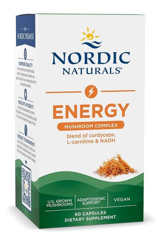 Nordic Naturals Energy Mushroom Complex supplement box with 60 vegan capsules, featuring cordyceps and L-carnitine.