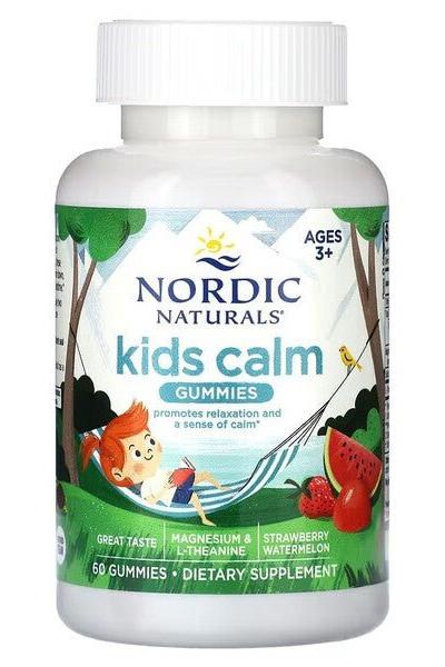 Nordic Naturals Kids Calm Gummies bottle, promotes relaxation with magnesium and L-theanine, strawberry watermelon flavor.