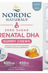 Nordic Naturals Prenatal DHA Gummy Chews packaging with zero sugar, supporting brain development and healthy pregnancy.