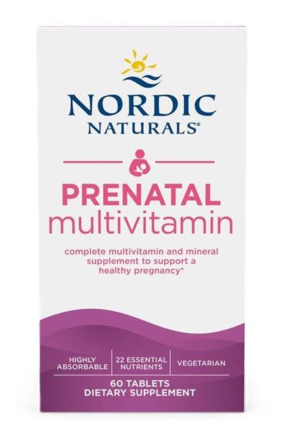 Nordic Naturals Prenatal Multivitamin package, 60 tablets, supports healthy pregnancy with essential nutrients.