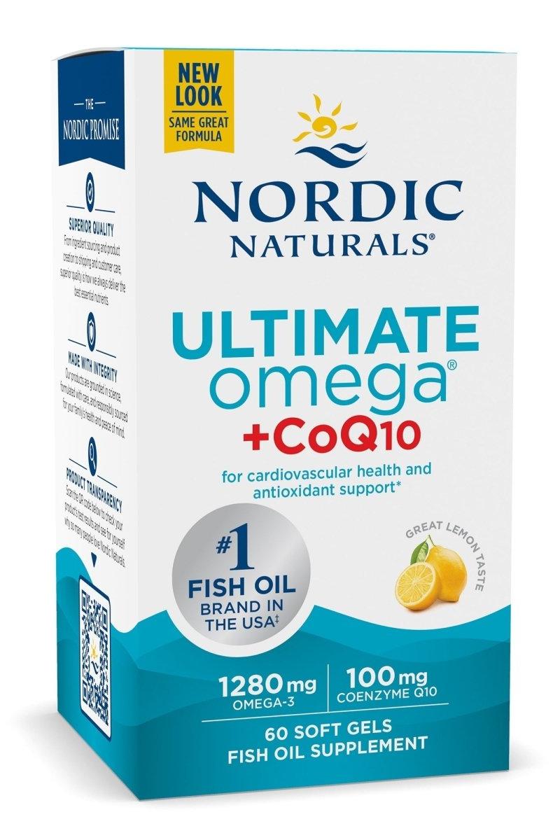 Nordic Naturals Ultimate Omega + CoQ10 supplement box, 1280 mg fish oil, 60 soft gels for heart health.