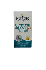 Nordic Naturals Ultimate Omega-D3 Fish Oil box packaging with soft gels, supports heart and brain health.