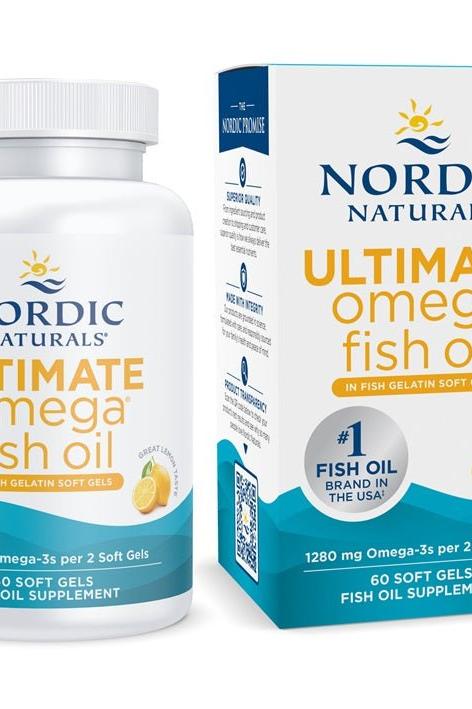 Nordic Naturals Ultimate Omega fish gelatin soft gels, 1280 mg omega-3, 60 count, for heart and brain health.