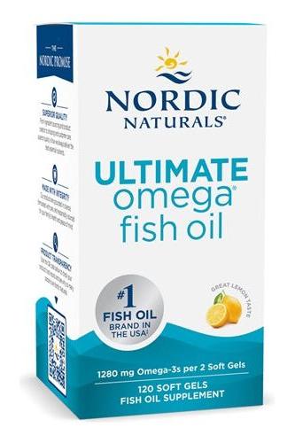 Nordic Naturals Ultimate Omega fish oil supplement packaging with lemon flavor and 120 soft gels.