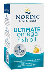 Nordic Naturals Ultimate Omega fish oil, 1280 mg Omega-3s per 2 soft gels, gluten-free supplement in lemon flavor.