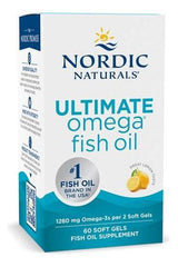 Nordic Naturals Ultimate Omega fish oil supplement box, containing 60 soft gels for brain and heart health.