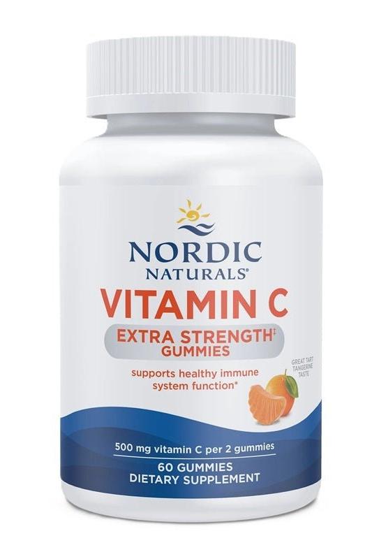 Nordic Naturals Vitamin C Extra Strength Gummies bottle with 500 mg vitamin C, 60 gummies, dietary supplement.