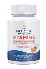 Nordic Naturals Vitamin C Extra Strength Gummies bottle with 500 mg vitamin C, 60 gummies, dietary supplement.