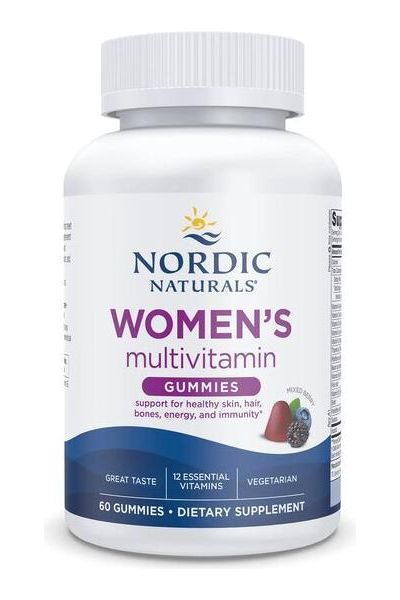 Nordic Naturals Women's Multivitamin Gummies in a 60-count bottle; supports skin, hair, bones, and immune health.