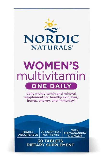 Nordic Naturals Women's Multivitamin One Daily 30 tablets for skin, hair, bones, and energy support.