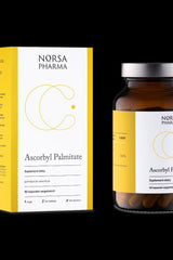 Norsa Pharma Ascorbyl Palmitate 90 Capsules dietary supplement packaging and bottle on a black background.
