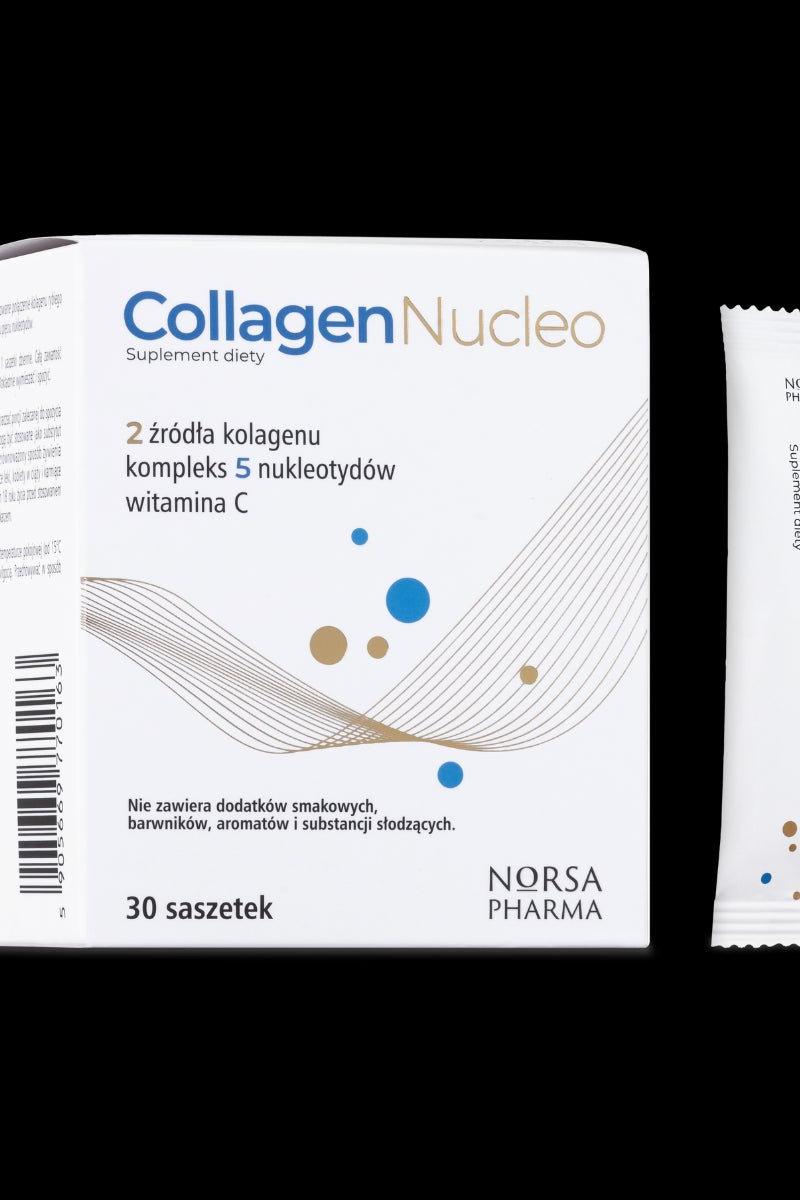 Norsa Pharma Collagen Nucleo dietary supplement box with 30 sachets, featuring collagen and vitamin C.