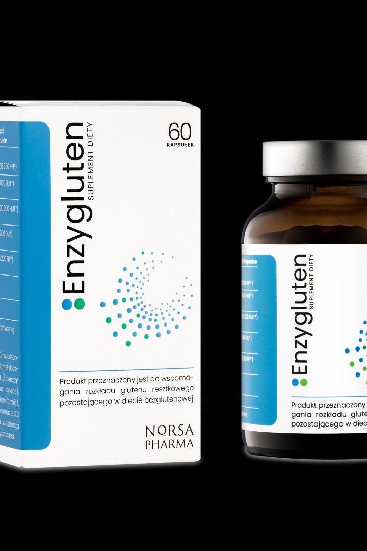 Norsa Pharma Enzygluten supplement with 60 capsules for gluten digestion support.