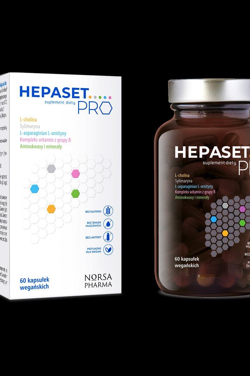 Hepaset Pro by Norsa Pharma: 60 vegan capsules for liver health with 14 active ingredients, gluten-free and high-quality.