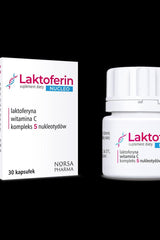 Norsa Pharma Lactoferrin Nucleo dietary supplement with 30 capsules, promoting immune support and digestion.