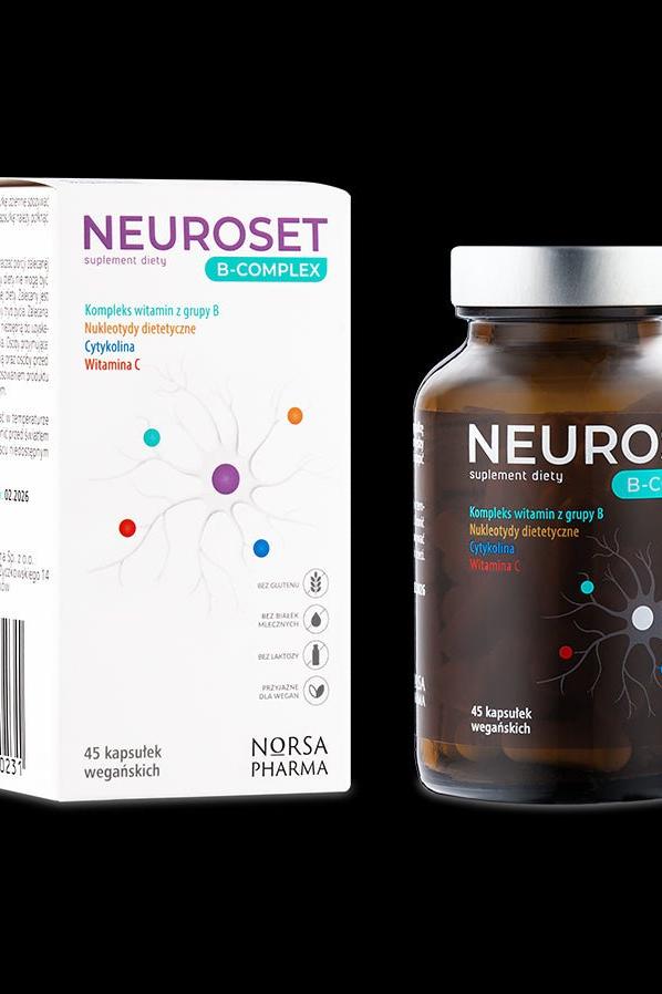 Norsa Pharma Neuroset B-Complex supplement box and bottle displaying benefits for nerve health and energy metabolism.