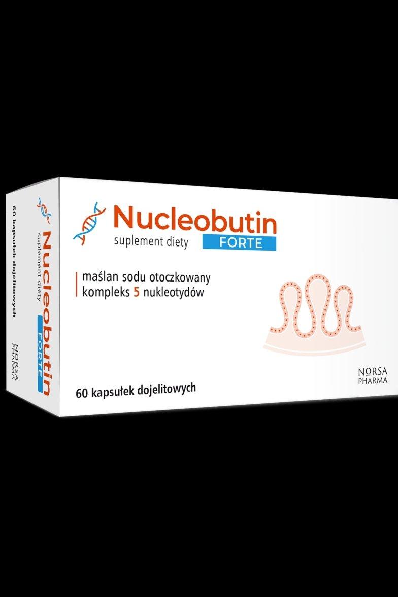 Norsa Pharma Nucleobutin Forte dietary supplement box containing 60 enteric-coated capsules.