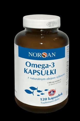 Norsan Omega-3 capsules bottle with natural fish oil, 120 caps for heart and brain health.