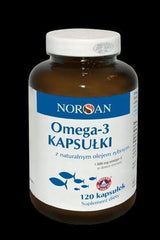Norsan Omega-3 capsules bottle with natural fish oil, 120 caps for heart and brain health.