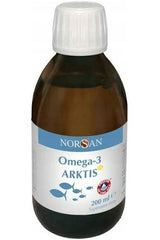 Norsan Omega-3 Arktis supplement bottle containing 200ml of natural cod oil for heart health.