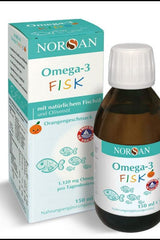 Norsan Omega-3 Fisk 150 ml bottle with orange flavor for children, supports brain development and vision.