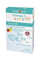 Norsan Omega-3 Kids Jelly packaging with 45 gummies enriched with vitamin D and natural ingredients.
