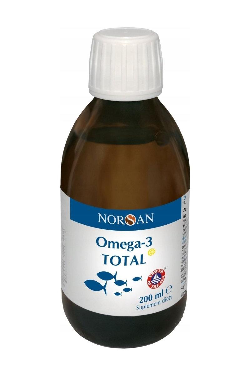 Norsan Omega-3 Total liquid fish oil supplement with lemon flavor, 200 ml for heart and brain health.
